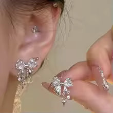 Women’s Bowknot Zircon Stud Earrings – Korean Pink Crystal Silver Color Cute Party Jewelry. Gift.